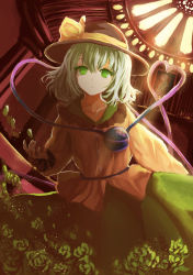 Rule 34 | 1girl, absurdres, blouse, buttons, closed mouth, collarbone, collared shirt, day, diamond button, dress, duplicate, expressionless, fingernails, floral print, frilled dress, frilled sleeves, frills, green eyes, green hair, green skirt, hat, hat ribbon, heart, highres, komeiji koishi, komeiji satori, light particles, long sleeves, looking at viewer, medium hair, no lineart, oil painting (medium), painting (medium), painting (object), petals, pixel-perfect duplicate, ribbon, shirt, skirt, solo, sunlight, ten (cherry61897), third eye, touhou, traditional media, yellow ribbon