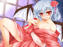 Rule 34 | 1girl, alternate costume, alternate hairstyle, bare legs, bare shoulders, bat wings, blue hair, blush, breasts, cleavage, female focus, flower, hair flower, hair ornament, japanese clothes, kimono, looking at viewer, no bra, no headwear, no headwear, obi, off shoulder, remilia scarlet, ryuushou, sash, short hair, sitting, small breasts, solo, touhou, wings