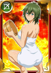 Rule 34 | 00s, 1girl, bare legs, barefoot, breasts, card (medium), feet, female focus, green hair, ikkitousen, kyocho chuukou, large breasts, looking at viewer, looking back, shiny skin, short hair, solo, towel