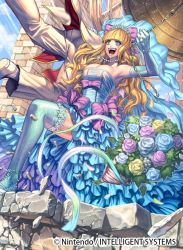 Rule 34 | 1boy, 1girl, blonde hair, blue eyes, bouquet, bow, breasts, carrying over shoulder, chain, charlotte (fire emblem), cleavage, company name, dress, elbow gloves, fire emblem, fire emblem cipher, fire emblem fates, flower, gloves, hair bow, izuka daisuke, jewelry, large breasts, long hair, nintendo, official art, open mouth, pink bow, thighhighs, tiara, wavy hair, wedding dress, zettai ryouiki