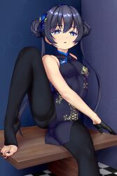 Rule 34 | 1girl, black hair, blue archive, chinese clothes, double bun, feet, hair bun, highres, kisaki (blue archive), long hair, looking at viewer, parted lips, toeless legwear, toes, twintails, vibncent
