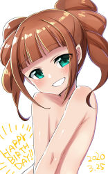 Rule 34 | 1girl, brown hair, clenched teeth, completely nude, dated, flat chest, green eyes, happy birthday, highres, idolmaster, idolmaster (classic), konboi-eg, looking at viewer, nude, short hair, simple background, smile, solo, takatsuki yayoi, teeth, twintails, upper body, white background