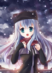Rule 34 | 1girl, :d, animal hat, aqua eyes, artist name, bad id, bad pixiv id, black hat, buckle, capelet, cloud, hat, highres, long hair, long sleeves, looking at viewer, mitsuki riya, open mouth, original, outdoors, red scarf, scarf, shimotsukiriya, signature, silver hair, sleeves past wrists, slit pupils, smile, snow, snowing, solo, upper body