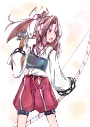 Rule 34 | 10s, 1girl, aircraft, airplane, blush, bow (weapon), brown eyes, brown hair, coco3186, fairy (kancolle), flat chest, hachimaki, hair ribbon, hakama, hakama skirt, headband, high ponytail, highres, japanese clothes, kantai collection, light brown hair, long hair, muneate, open mouth, personification, ponytail, red hakama, ribbon, skirt, suisei (kancolle), tenzan (kancolle), type 99 dive bomber, weapon, zuihou (kancolle)