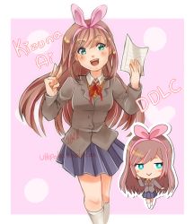 Rule 34 | 1girl, :&gt;, :d, blue skirt, blush stickers, brown hair, character name, chibi, commentary, cosplay, doki doki literature club, english commentary, green eyes, hairband, highres, kizuna ai, kizuna ai inc., kneehighs, long hair, monika (doki doki literature club), monika (doki doki literature club) (cosplay), open mouth, paper, parody, pink hairband, pleated skirt, school uniform, signature, skirt, smile, socks, solo, style parody, tumblr username, ultipoter, v, virtual youtuber, white socks