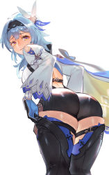 Rule 34 | 1girl, 3:, absurdres, adjusting clothes, adjusting legwear, ass, ass focus, backless outfit, black gloves, black shorts, blue gloves, blue hair, boots, closed mouth, clothing cutout, cross-laced clothes, embarrassed, eula (genshin impact), feet out of frame, from behind, genshin impact, gloves, hairband, highres, layered sleeves, leaning forward, looking at viewer, looking back, shorts, shoulder cutout, simple background, skindentation, solo, sweat, thigh strap, thighhighs, thighhighs under boots, thighs, two-tone gloves, white background, yellow eyes, zhudouzi