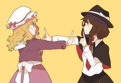 Rule 34 | 2girls, black skirt, blonde hair, blouse, bow, brown hair, capelet, dress, fedora, finger to another&#039;s mouth, finger to mouth, hat, hat bow, jacket, koi dance, looking at another, maribel hearn, mob cap, multiple girls, murro mi, purple dress, purple jacket, red bow, red neckwear, shirt, short hair, skirt, touhou, usami renko, white bow, white shirt, yellow background