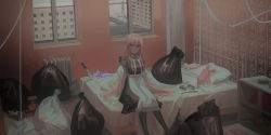 Rule 34 | 1girl, apron, arms at sides, bedroom, black dress, black pantyhose, blush, book, bottle, brown eyes, can, chihuri, closed mouth, commentary request, dress, feet out of frame, frilled apron, frills, hair between eyes, highres, indoors, juliet sleeves, knife, long hair, long sleeves, on bed, original, pantyhose, pillow, pink hair, puffy sleeves, radiator, scribble, shirt, sitting, sleeveless, sleeveless dress, smile, solo, stuffed animal, stuffed cow, stuffed rabbit, stuffed toy, stuffed unicorn, teddy bear, trash bag, very long hair, waist apron, wallpaper (object), white shirt, window, yana (chihuri)