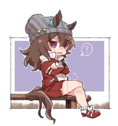 Rule 34 | 1girl, ?, animal ears, beanie, beer hsk, brown hair, chibi, clenched teeth, commentary request, crossed arms, crossed legs, ears through headwear, full body, grey hat, gym shorts, hair between eyes, hat, horse ears, horse girl, horse tail, jacket, long hair, looking at viewer, mouth hold, nakayama festa (umamusume), on bench, purple eyes, red jacket, red shorts, shoes, shorts, sitting, socks, solo, spoken question mark, tail, teeth, track jacket, umamusume, white background, white footwear, white socks
