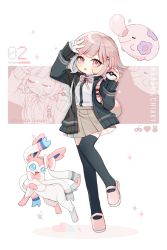 Rule 34 | 1girl, arm up, backpack, bag, black shirt, black thighhighs, blush, character name, collared shirt, commentary, controller, creatures (company), crossover, danganronpa (series), danganronpa 2: goodbye despair, dress shirt, english text, foot up, full body, game freak, gen 5 pokemon, gen 6 pokemon, hair ornament, hairclip, hand up, highres, holding, holding poke ball, hood, light brown hair, long sleeves, looking at viewer, medium hair, munna, nanami chiaki, nintendo, pink eyes, pink footwear, pink hair, pink shirt, pleated skirt, poke ball, pokemon, pokemon (creature), raonal97, ribbon, shirt, shirt tucked in, shoes, short hair, skirt, smile, sparkle, sylveon, symbol-only commentary, thighhighs, two-tone shirt, w, white background, white shirt