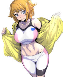 Rule 34 | 10s, 1girl, bike shorts, blue eyes, blush, breasts, brown hair, closed mouth, collarbone, cowboy shot, groin, gundam, gundam build fighters, gundam build fighters try, highres, hoshino fumina, jacket, large breasts, looking at viewer, midriff, nakahira guy, navel, nose blush, open clothes, open jacket, ponytail, short hair, simple background, solo, sports bra, stomach, sweat, two-tone sports bra, white background, yellow jacket