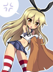 Rule 34 | 10s, 1girl, anger vein, blonde hair, blush, brown eyes, elbow gloves, geo (yukishitadou), gloves, hairband, kantai collection, long hair, looking at viewer, navel, personification, shimakaze (kancolle), skirt, solo, striped clothes, striped thighhighs, thighhighs, white gloves