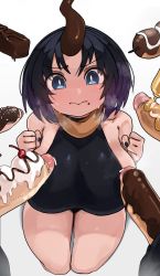 Rule 34 | 1girl, black hair, black leotard, black nails, blue eyes, blush, breasts, brown horns, chocolate, chocolate on body, chocolate on penis, clenched hands, commentary, disembodied penis, dragon girl, dragon horns, elma (maidragon), english commentary, fingernails, food, food on body, food on penis, full-face blush, highres, horns, huge breasts, ice cream, kneeling, kobayashi-san chi no maidragon, leotard, mole, mole under mouth, multicolored hair, multiple penises, mustard, nail polish, penis, purple hair, scarf, short hair, sideboob, single horn, snickers (brand), solo focus, surrounded, surrounded by penises, sweat, two-tone hair, uncensored, white background, zanamaoria