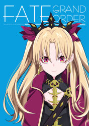 Rule 34 | 1girl, absurdres, artist name, black dress, blonde hair, blue background, cape, closed mouth, commentary request, copyright name, dress, earrings, english text, ereshkigal (fate), eyebrows hidden by hair, fate/grand order, fate (series), glowing, glowing eyes, hair between eyes, hair ribbon, highres, infinity symbol, jewelry, long hair, parted bangs, pink eyes, red cape, red ribbon, ribbon, simple background, skull, smile, solo, spine, text background, tiara, two side up, upper body, very long hair, yuuta (yuuta0312)