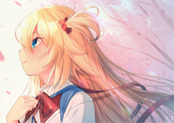 Rule 34 | 1girl, akai haato, akai haato (1st costume), blonde hair, blue eyes, branch, closed mouth, commentary request, from side, hair between eyes, hair ornament, hair ribbon, hand up, heart, heart hair ornament, highres, hololive, long hair, looking afar, magowasabi, neck ribbon, one side up, petals, profile, red ribbon, ribbon, shirt, signature, smile, solo, twitter username, upper body, virtual youtuber, white shirt
