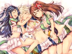 Rule 34 | 10s, 3girls, ^ ^, amagi (kancolle), bell, black hair, blonde hair, blush, braid, breasts, brown hair, choker, cleavage, cleavage cutout, closed eyes, clothing cutout, closed eyes, failure penguin, flower, girl sandwich, hair flower, hair ornament, hair ribbon, hug, jingle bell, kantai collection, katsuragi (kancolle), large breasts, long hair, looking at viewer, lying, midriff, miniskirt, miss cloud, multiple girls, navel, on back, pleated skirt, ponytail, ribbon, sandwiched, short sleeves, side slit, single braid, skirt, smile, stomach, stuffed animal, stuffed penguin, stuffed toy, takitarou, unryuu (kancolle), very long hair, wavy mouth, white ribbon, white skirt, wince