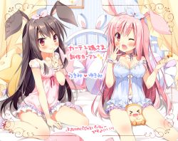 Rule 34 | 2girls, animal ears, babydoll, between legs, black hair, blush, bow, bow panties, breasts, candy, cleavage, commentary request, curtains, fang, finger to mouth, food, frills, hair bow, hairband, lollipop, long hair, looking at viewer, medium breasts, multiple girls, navel, nightgown, on bed, one eye closed, open mouth, original, pan (mimi), panties, pink hair, rabbit ears, red eyes, red ribbon, ribbon, scrunchie, sitting, small breasts, smile, star-shaped pillow, striped, translation request, underwear, vertical stripes, wariza, white panties, wrist scrunchie, yawning