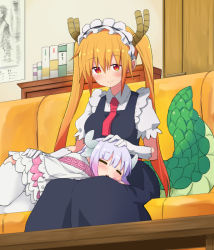 Rule 34 | 10s, 2girls, apron, blunt bangs, blush, book, capelet, closed eyes, collared shirt, couch, door, dragon girl, dragon horns, dragon tail, dress, frilled dress, frills, gloves, half-closed eyes, hand on another&#039;s head, hand on another&#039;s hip, headpat, horns, indoors, kanna kamui, kobayashi-san chi no maidragon, lap pillow, large tail, light purple hair, living room, long hair, lying, maid, maid headdress, multiple girls, necktie, noa (nagareboshi), on lap, open mouth, orange hair, poster (object), puffy sleeves, red eyes, shirt, short sleeves, sitting, sleeping, slit pupils, smile, table, tail, thighhighs, tohru (maidragon), twintails, white legwear