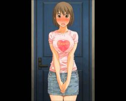 Rule 34 | animated, animated gif, ayase fuuka, blush, breasts squeezed together, breasts, brown eyes, brown hair, denim skirt, door, kinako no yama, large breasts, looking at viewer, navel, nipples, no bra, open mouth, panties, short hair, skirt, solo, standing, underwear, undressing, white panties, yotsubato!