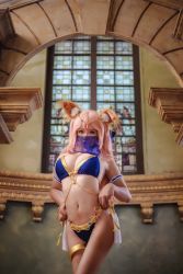 Rule 34 | 1girl, a81123984, absurdres, animal ear fluff, animal ears, asian, bare shoulders, bikini, blue bikini, bracelet, breasts, chinese (nationality), cosplay, fate (series), fox ears, fox girl, fox tail, gold, headpiece, highres, indoors, jewelry, legs, long hair, medium breasts, photo (medium), pink hair, solo, standing, swimsuit, tagme, tail, tamamo (fate), tamamo no mae (fate/extra), tamamo no mae (fate/extra) (cosplay), tamamo no mae (swimsuit lancer) (fate), thighs, underwear, veil, yellow eyes