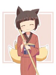 Rule 34 | 1girl, ^ ^, animal ears, black hair, blush, borrowed character, brown background, closed eyes, closed mouth, commentary request, facing viewer, fox ears, fox girl, fox tail, highres, holding, japanese clothes, kimono, kitsune, kukuri (mawaru), long sleeves, obi, original, outline, red kimono, sash, short hair, solo, tail, teisuku, two-tone background, white background, white outline, wide sleeves