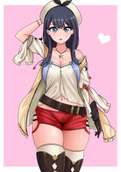 Rule 34 | 1girl, :d, absurdres, arm up, atelier (series), atelier ryza, atelier ryza 1, belt, belt buckle, beret, black hair, black ribbon, blue eyes, breasts, brown belt, brown gloves, brown thighhighs, buckle, cleavage, collarbone, cosplay, gloves, gridman universe, hair between eyes, hand up, hat, heart, highres, hood, hood down, hooded jacket, jacket, jewelry, looking at viewer, medium breasts, navel, necklace, open clothes, open jacket, open mouth, red shorts, reisalin stout, ribbon, shirt, short shorts, short sleeves, shorts, simple background, single glove, skindentation, sleeveless, sleeveless jacket, smile, solo, ssss.gridman, star (symbol), star necklace, takarada rikka, the only shoe, thick thighs, thighhighs, thighs, trait connection, white hat, white shirt, yellow jacket