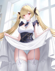 Rule 34 | 1girl, absurdres, apron, azur lane, blonde hair, blush, breasts, cheshire (azur lane), cheshire (azur lane) (cosplay), cleavage, commission, cosplay, cowboy shot, detached collar, dress, flashing, frilled hairband, frills, from below, garter straps, hairband, highres, indoors, large breasts, lifting own clothes, long hair, looking at viewer, necktie, nelson (azur lane), pixiv commission, purple apron, purple necktie, red eyes, solo, thighhighs, tina (tinafya), twintails, very long hair, white dress, white garter straps, white thighhighs, window