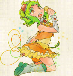 Rule 34 | 1girl, boots, goggles, goggles on head, green eyes, green hair, gumi, kneeling, matching hair/eyes, microphone, music, open mouth, red-tinted eyewear, short hair, singing, skirt, solo, tinted eyewear, vocaloid