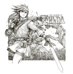 Rule 34 | 1boy, belt, copyright name, dave rapoza, fingerless gloves, gloves, greyscale, hat, hatching (texture), highres, holding, holding sword, holding weapon, instrument, jar, link, male focus, master sword, monochrome, nintendo, pointy ears, shield, shield on back, signature, smile, solo, sword, the legend of zelda, tunic, weapon