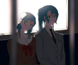 Rule 34 | bang dream!, black necktie, blurry, bow, bowtie, braid, breasts, brown shirt, chromatic aberration, closed mouth, collarbone, collared jacket, collared shirt, commentary, cosplay, costume switch, depth of field, diagonal-striped clothes, diagonal-striped necktie, green eyes, grey jacket, hair between eyes, hair bow, hanasakigawa school uniform, haneoka school uniform, head tilt, highres, hikawa hina, hikawa sayo, jacket, long hair, long sleeves, looking at viewer, medium hair, necktie, ponytail, red bow, red bowtie, school uniform, shirt, siblings, sidelocks, sitting, small breasts, smile, striped clothes, train interior, twin braids, twins, white shirt, yellow bow, zihacheol