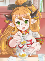 Rule 34 | 1girl, :d, black bow, blonde hair, blush, bow, cherry, collared shirt, commentary request, day, draph, drink, feeding, food, food on face, fruit, glass, glasses, granblue fantasy, green eyes, hair bow, head tilt, high ponytail, holding, holding spoon, horns, ice, ice cube, incoming food, indoors, long hair, looking at viewer, napkin, ninjatasuku, open mouth, plaid, plaid shirt, pointy ears, pudding, restaurant, rimless eyewear, round eyewear, sarya (granblue fantasy), shirt, short sleeves, sitting, smile, solo, spoon, whipped cream, white shirt, window, wing collar