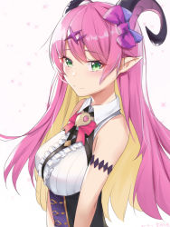 Rule 34 | 1girl, arm strap, asymmetrical horns, bare shoulders, blonde hair, blush, bow, breasts, closed mouth, colored inner hair, curled horns, dated, demon horns, fang, green eyes, hair between eyes, hair bow, hair ornament, hololive, horn bow, horn ornament, horns, long hair, looking at viewer, mano aloe, medium breasts, multicolored hair, pink hair, pointy ears, shirt, signature, sleeveless, sleeveless shirt, solo, tearing up, two-tone hair, uneven horns, virtual youtuber, xuejian qiye
