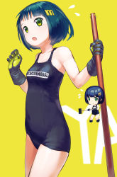 Rule 34 | 1girl, :o, absurdres, armpits, black one-piece swimsuit, black school swimsuit, blue hair, bob cut, broom, gloves, green eyes, highres, name tag, old school swimsuit, one-piece swimsuit, open mouth, original, school swimsuit, short hair, solo, standing, swimsuit, thighs, yellow background, zhongye yu