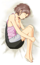 Rule 34 | 1girl, barefoot, basketball uniform, bed sheet, breasts, brown hair, collarbone, closed eyes, fetal position, highres, original, short hair, simple background, sleeping, solo, solvalou, sportswear, white background