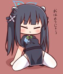 Rule 34 | 1girl, :i, arm support, black dress, black footwear, black hair, blue archive, bow, breasts, brown background, chibi, china dress, chinese clothes, closed eyes, closed mouth, commentary request, dress, facing viewer, full body, green bow, halo, hana kazari, highres, long hair, pout, revision, shadow, shoes, short sleeves, shun (blue archive), shun (small) (blue archive), small breasts, solo, spread legs, thighhighs, translation request, twintails, very long hair, white thighhighs