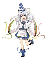 Rule 34 | 1girl, blue eyes, blue footwear, blue hat, blue skirt, frilled skirt, frills, full body, grey hair, haniwa, hat, highres, japanese clothes, kariginu, long hair, mononobe no futo, open mouth, pom pom (clothes), ponytail, ribbon-trimmed sleeves, ribbon trim, simple background, skirt, smile, solo, standing, standing on one leg, tate eboshi, touhou, wide sleeves