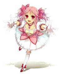 Rule 34 | 10s, 1girl, bad id, bad pixiv id, fujikiti, full body, gloves, kaname madoka, magical girl, mahou shoujo madoka magica, mahou shoujo madoka magica (anime), outstretched arms, outstretched hand, pink eyes, pink hair, running, shoes, short hair, simple background, smile, solo, twintails