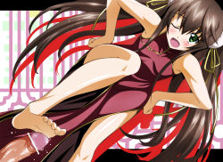 Rule 34 | 10s, 1girl, barefoot, blush, brown hair, censored, chinese clothes, fang, feet, footjob, green eyes, hair ribbon, highres, huang lingyin, infinite stratos, island (kossori), long hair, long sleeves, one eye closed, open mouth, penis, ribbon, soles, toes, twintails, wink