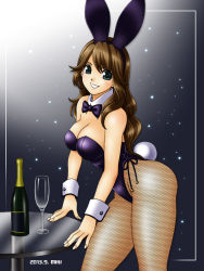 Rule 34 | 10s, 1girl, 2013, alcohol, animal ears, aqua eyes, arm support, bare shoulders, bent over, blush, bottle, bow, bowtie, breasts, brown hair, chalice, cleavage, clenched teeth, cup, detached collar, fake animal ears, female focus, fishnet pantyhose, fishnets, glass, large breasts, leaning, leaning forward, legs, leotard, long hair, looking at viewer, miki (akibin66), original, pantyhose, playboy bunny, rabbit ears, rabbit tail, smile, solo, standing, table, tail, teeth, wine, wrist cuffs