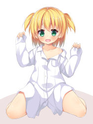 Rule 34 | 1girl, asa no ha (awayuki), blonde hair, green eyes, naked shirt, original, shirt, short hair, sitting, solo, two side up