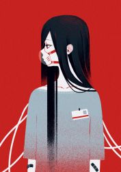 Rule 34 | 1girl, bandaid, bandaid on arm, closed mouth, commentary, grey shirt, long hair, looking away, looking to the side, name tag, original, oxygen mask, profile, red background, satchely, shirt, solo, very long hair