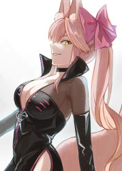 Rule 34 | 1girl, absurdres, animal ear fluff, animal ears, black bodysuit, bodysuit, breasts, center opening, choker, cleavage, collarbone, fate/grand order, fate (series), fox ears, fox girl, fox tail, hair ribbon, highres, hip vent, koyanskaya (assassin) (first ascension) (fate), koyanskaya (fate), large breasts, long hair, looking at viewer, looking to the side, omame korokor, open bodysuit, open clothes, pink hair, pink ribbon, ribbon, side ponytail, simple background, solo, tail, tamamo (fate), very long hair, white background