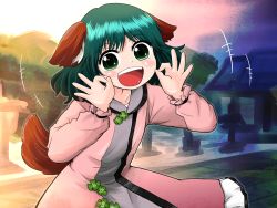 Rule 34 | 1girl, :d, animal ears, blush, clover, cross, double ok sign, female focus, four-leaf clover, graves, green eyes, green hair, highres, ikaasi, kasodani kyouko, looking at viewer, matching hair/eyes, ok sign, open mouth, short hair, smile, solo, tail, touhou