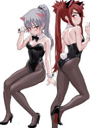 Rule 34 | 2girls, animal ears, ass, bare shoulders, black footwear, black legwear, black leotard, blush, breasts, cat ears, closed mouth, detached collar, eyepatch, feiqizi (fkey), fkey, grey hair, hand up, high heels, highres, kittysuit, leotard, long hair, looking at viewer, multiple girls, nontraditional playboy bunny, original, pantyhose, playboy bunny, ponytail, rabbit tail, red eyes, red hair, sidelocks, simple background, sitting, small breasts, tail, thighs, twintails, very long hair, white background, wrist cuffs