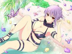 Rule 34 | 1girl, anklet, ayane (doa), bare arms, bare shoulders, beach, belt, bikini, black bikini, black footwear, black neckwear, blush, breasts, bug, butterfly, cleavage, crossover, day, dead or alive, dead or alive 6, hair ribbon, bug, jewelry, knee up, medium breasts, ninja, ocean, official art, outdoors, purple hair, red eyes, ribbon, sandals, scarf, senran kagura, sitting, smile, solo, swimsuit, thigh strap, thighs, tree, water, yaegashi nan