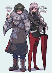 Rule 34 | 1boy, 1girl, black dress, black footwear, coat, commentary request, dress, eye contact, facial mark, full body, fur-trimmed sleeves, fur collar, fur trim, glasses, green hair, grey coat, grey hair, height, high heels, highres, holding, holding umbrella, kinu (konoyoha mtgi), long hair, long sleeves, looking at another, martina electro, master detective archives: rain code, pink eyes, red eyes, red thighhighs, round eyewear, short hair, side slit, simple background, smile, standing, thighhighs, umbrella, weight, zilch alexander