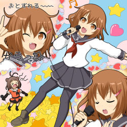 Rule 34 | &gt; &lt;, 1girl, :d, :o, ;d, \m/, black gloves, blunt bangs, brown eyes, brown hair, closed eyes, double bun, elbow gloves, fang, gloves, hair bun, hair ornament, hairclip, hand on own chest, heart, ikazuchi (kancolle), kantai collection, long sleeves, lyrics, macross, macross frontier, microphone, mitya, music, naka (kancolle), one eye closed, open mouth, pantyhose, parody, personification, pleated skirt, school uniform, seikan hikou, serafuku, short hair, singing, skirt, smile, star (symbol), suzaki aya, tamako market, tears, translation request, voice actor connection, wink
