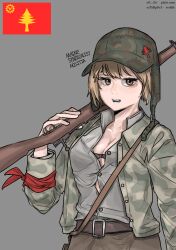 Rule 34 | 1girl, belt, blonde hair, bolt action, breasts, brown eyes, buttons, camouflage, camouflage jacket, collarbone, flag, gears, green hat, green shirt, gun, hammer, hat, hearts of iron, highres, holding, holding gun, holding weapon, jacket, kaiserreich, m1903 springfield, medium breasts, military, pzkpfwi, red ribbon, ribbon, rifle, shirt, solo, torch, tree, weapon