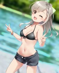 Rule 34 | bikini, black bikini, black eyes, black shorts, blurry, blurry background, blush, braid, breasts, collarbone, commentary request, double v, earrings, grey hair, hands up, highres, hisakawa hayate, idolmaster, idolmaster cinderella girls, jewelry, long hair, looking at viewer, medium breasts, navel, one eye closed, open mouth, open pants, outdoors, pants, paopao, ponytail, poolside, short shorts, shorts, smile, solo, stomach, swimsuit, thighs, v, water, wristband