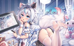 Rule 34 | 1girl, ahoge, animal ear fluff, animal ears, ass, bare shoulders, black hairband, blue eyes, blue hair, blush, cameltoe, candy, chocolate, chocolate bar, chuor (chuochuoi), commentary request, detached sleeves, drawing tablet, dress, food, from behind, full moon, grey hair, hair between eyes, hair ornament, hairband, hand up, heart, holding, holding stylus, indoors, legs up, long hair, looking at viewer, looking back, low twintails, lying, moon, multicolored hair, night, night sky, no shoes, on stomach, open mouth, original, panties, pink hair, puffy short sleeves, puffy sleeves, rabbit hair ornament, recursion, short sleeves, sky, soda bottle, soles, solo, star (sky), starry sky, streaked hair, stuffed animal, stuffed rabbit, stuffed toy, stylus, tail, the pose, thighhighs, transparent, twintails, twitter username, underwear, white dress, white panties, white sleeves, white thighhighs, window, wrist cuffs